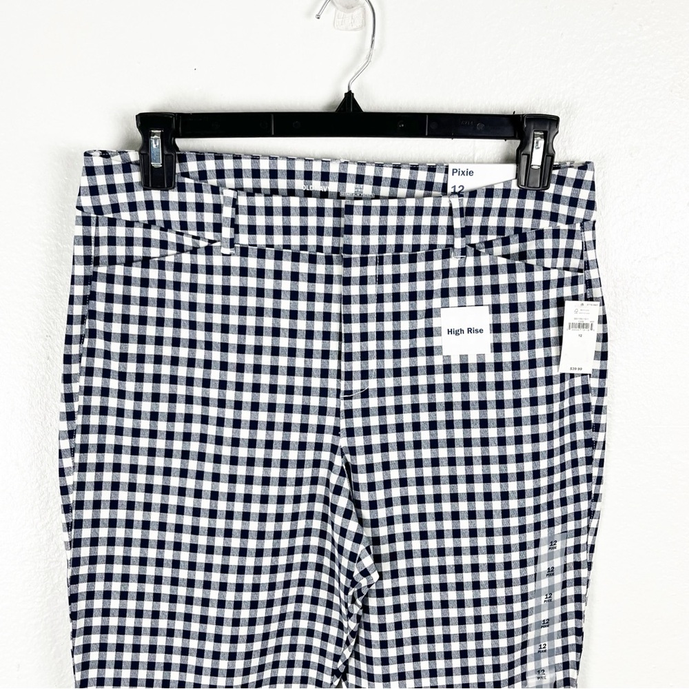 OLD NAVY Blue White Gingham Checkered Plaid Pixie High Rise Cropped Pants  12 - Picture 11 of 12